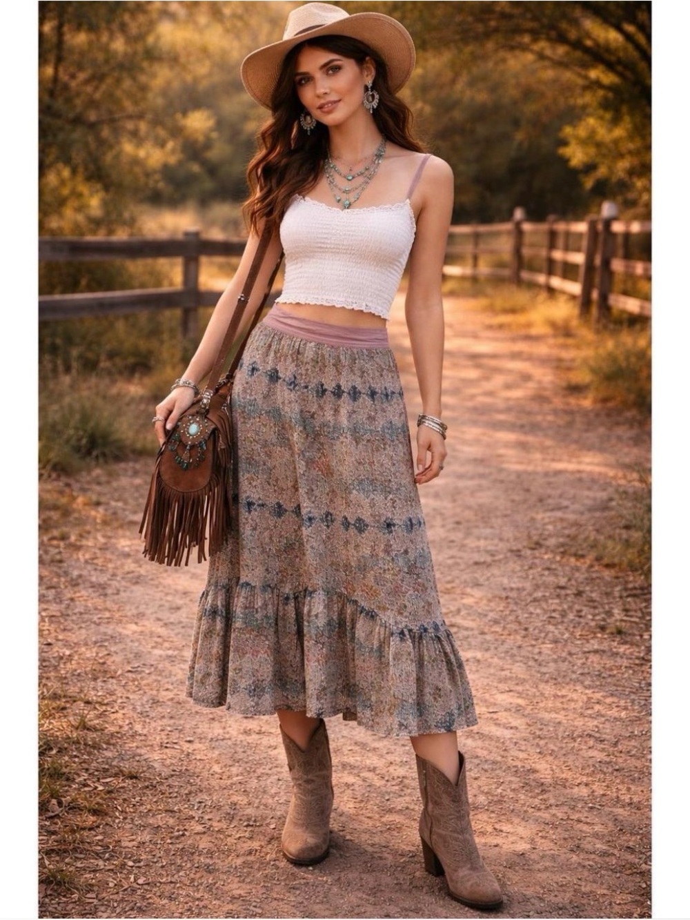 Boho Cottagecore Prairie Festival Western Pink Blue Hi Lo Hem Midi M Skirt